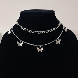 Hand Crafted Double Layer Silver Choker Butterfly Necklace